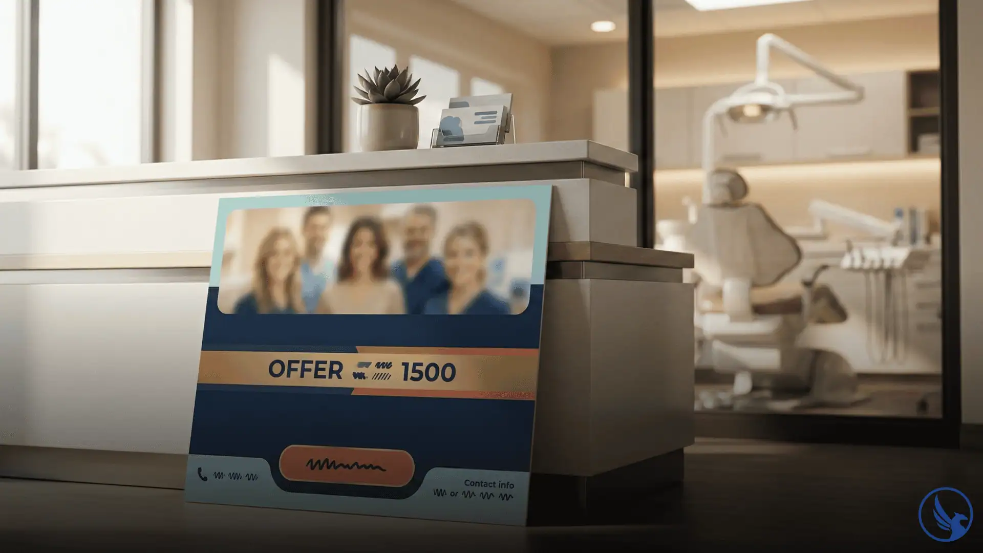EDDM for dentists postcard propped against a modern dental reception desk with a bright clinical operatory softly visible in the background suggesting neighborhood patient acquisition and practice trust