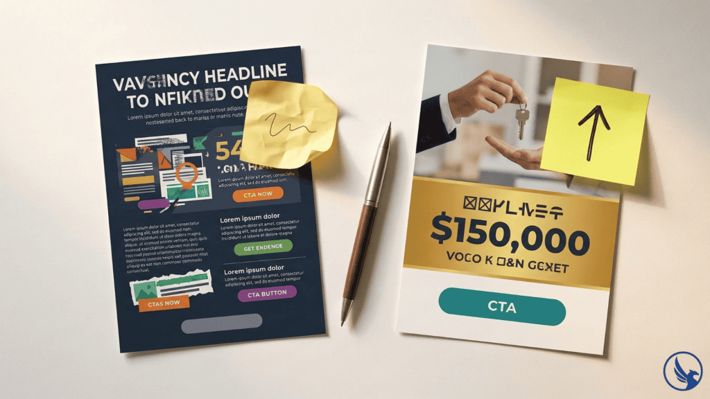 Flat-lay comparison of a weak vague EDDM offer postcard with cluttered layout beside a strong specific offer postcard with clean hierarchy showing the most critical EDDM design tip for conversion