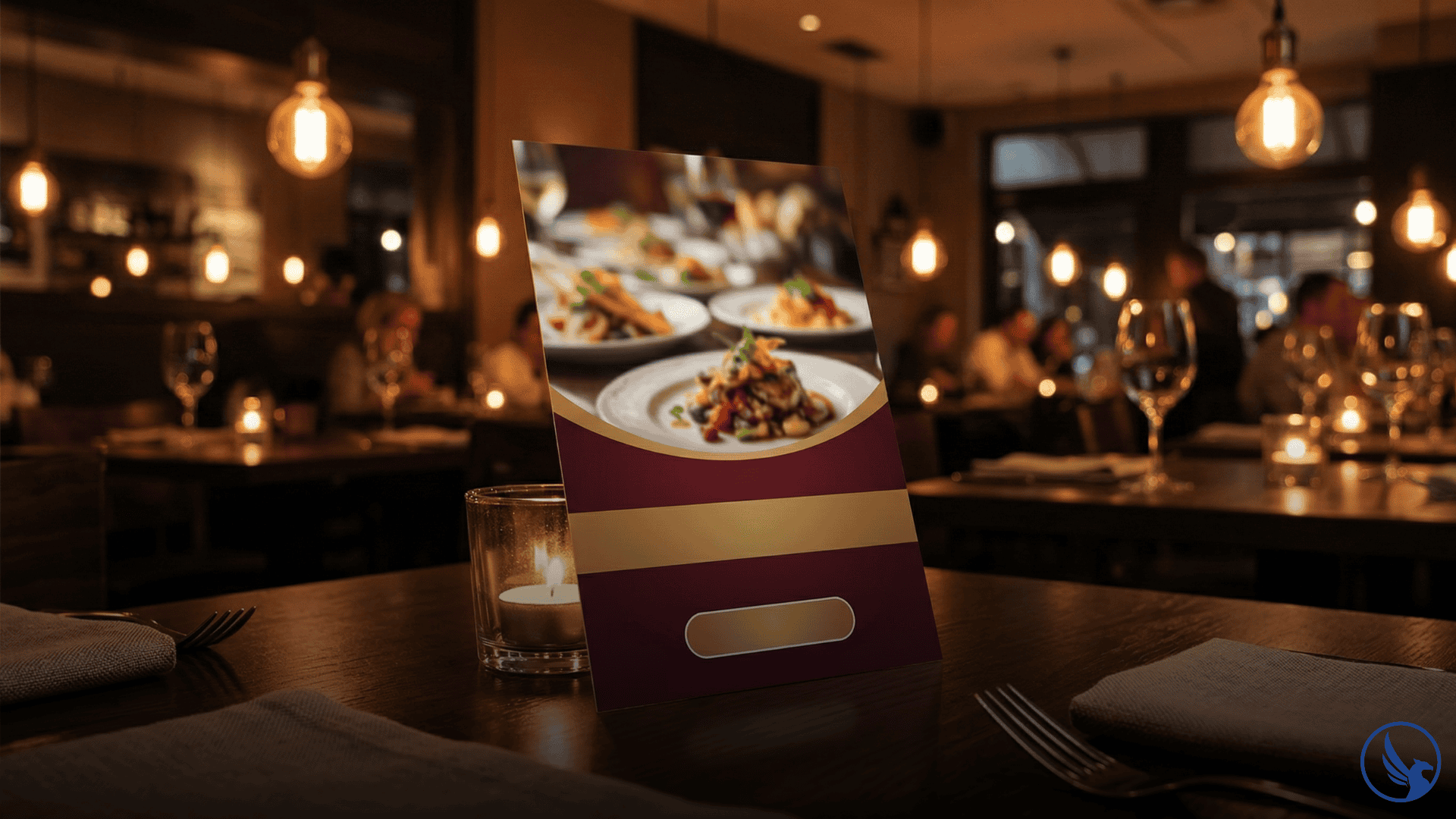 EDDM for restaurants postcard propped against a candle on a restaurant table with a warmly lit dining room interior in bokeh suggesting neighborhood direct mail campaign for local food businesses