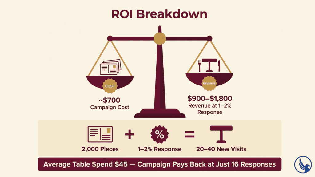 Infographic showing EDDM for restaurants ROI balance comparing campaign cost against revenue return with breakeven equation showing 16 table visits covers a 2,000-piece mailing investment