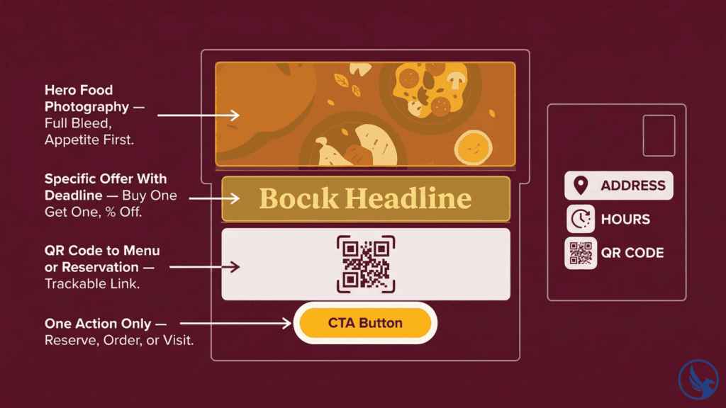 Infographic showing EDDM for restaurants postcard design zones including hero food photography, specific offer with deadline, QR code tracking, and single call to action layout