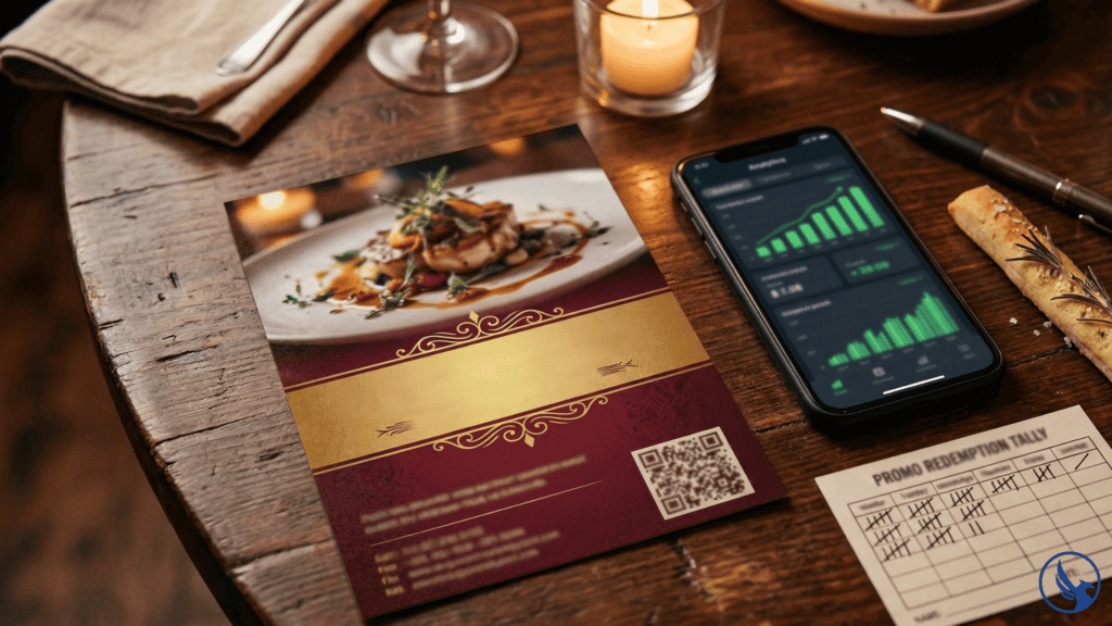 Restaurant table flat-lay showing an EDDM for restaurants campaign postcard beside a smartphone with analytics and a redemption tally card suggesting a successful 30-day direct mail campaign result