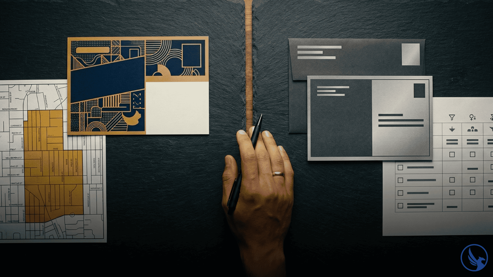 Birds-eye flat-lay showing an EDDM saturation postcard and neighborhood route map beside a targeted direct mail piece and demographic filter sheet with a decision pen hovering between them illustrating EDDM vs targeted mail strategy choice
