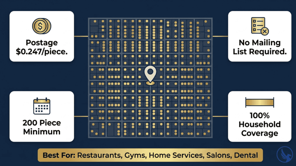 Infographic showing EDDM vs targeted mail saturation advantage with a fully covered neighborhood map and four key EDDM benefits including postage rate, no list requirement, and 100% household coverage