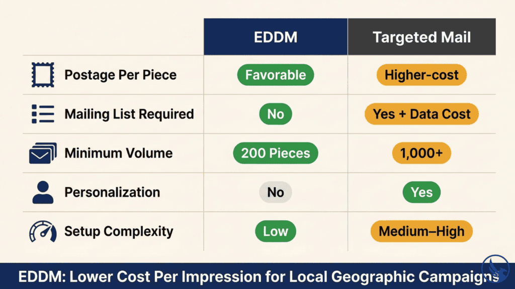 Infographic comparing EDDM vs targeted mail across postage cost, list requirements, minimum volume, personalization, and setup complexity with color-coded advantage indicators