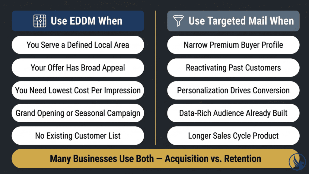 Infographic showing EDDM vs targeted mail decision guide with two columns of use-case criteria for when to choose neighborhood saturation versus precision list-based direct mail campaigns