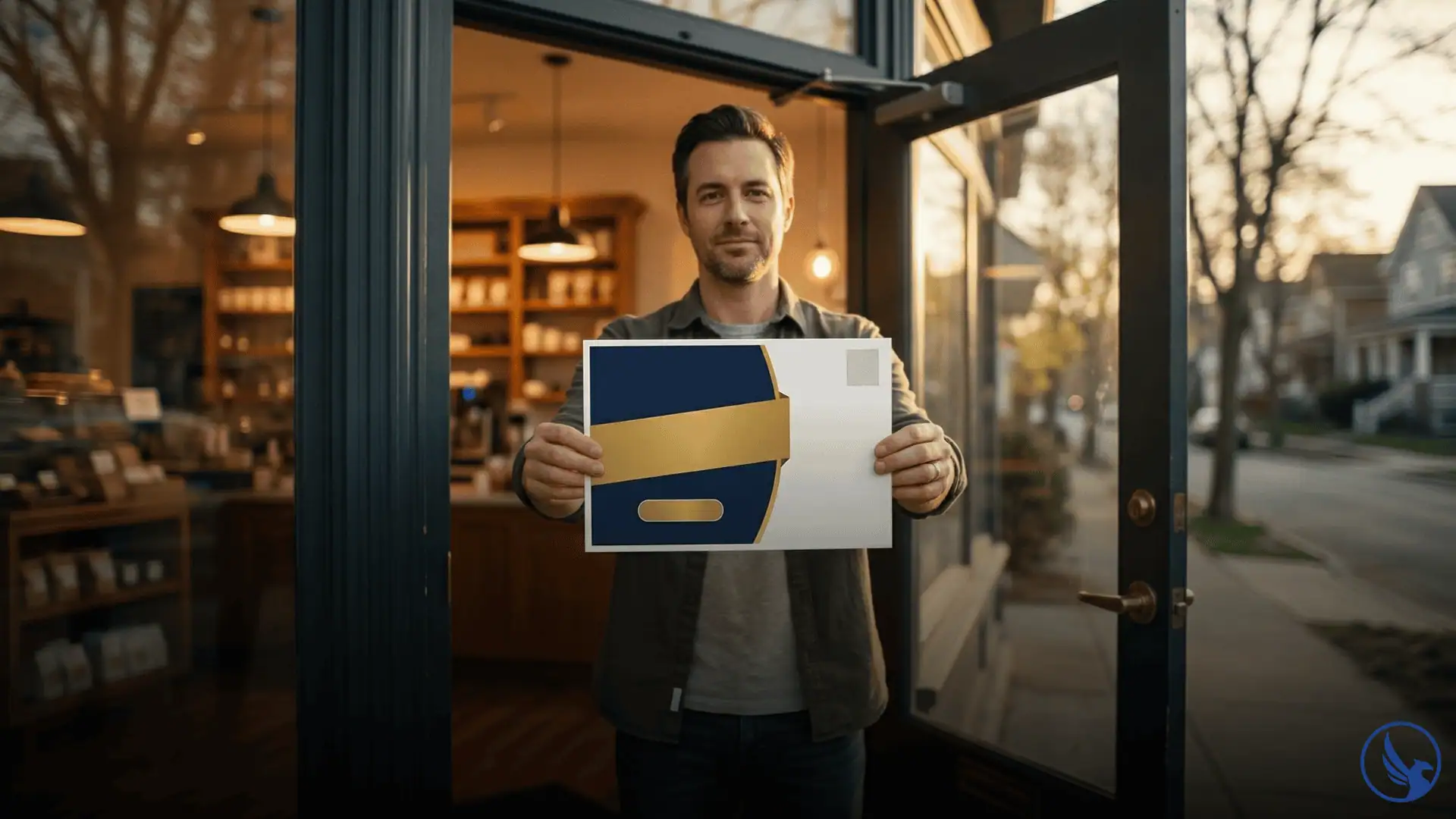 Small business owner standing in their storefront doorway holding an EDDM postcard toward the camera with a warm shop interior and residential neighborhood street visible behind them suggesting local direct mail marketing
