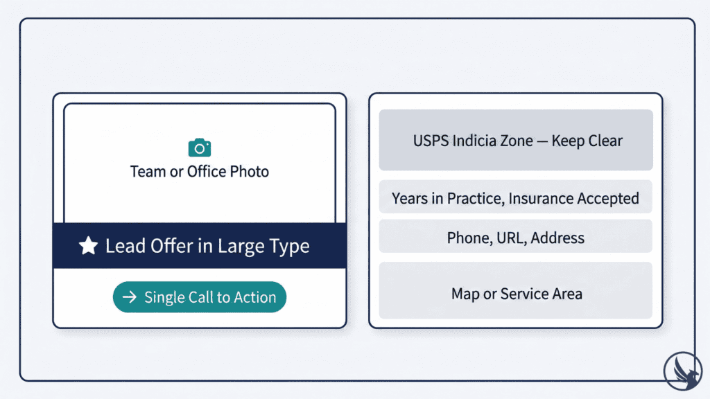 Infographic showing EDDM for dentists postcard front and back panel layout zones including offer placement, indicia compliance area, and trust signal elements  