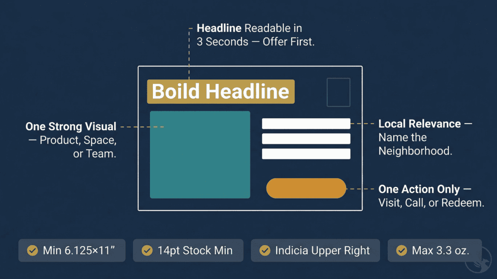 Infographic showing EDDM for small business postcard design principles — three-second headline, single visual, local relevance, and one CTA — with USPS compliance reference badges below