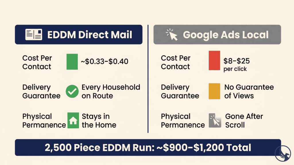Infographic comparing EDDM for small business direct mail versus Google Ads across cost per contact, delivery guarantee, and physical permanence showing cost advantage for local neighborhood campaigns
