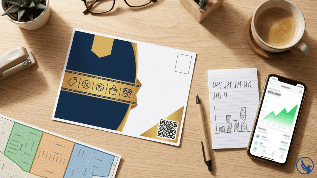 Small business owner desk flat-lay showing an EDDM postcard with a handwritten response tally, neighborhood route map, and smartphone analytics suggesting a winning local direct mail campaign being tracked