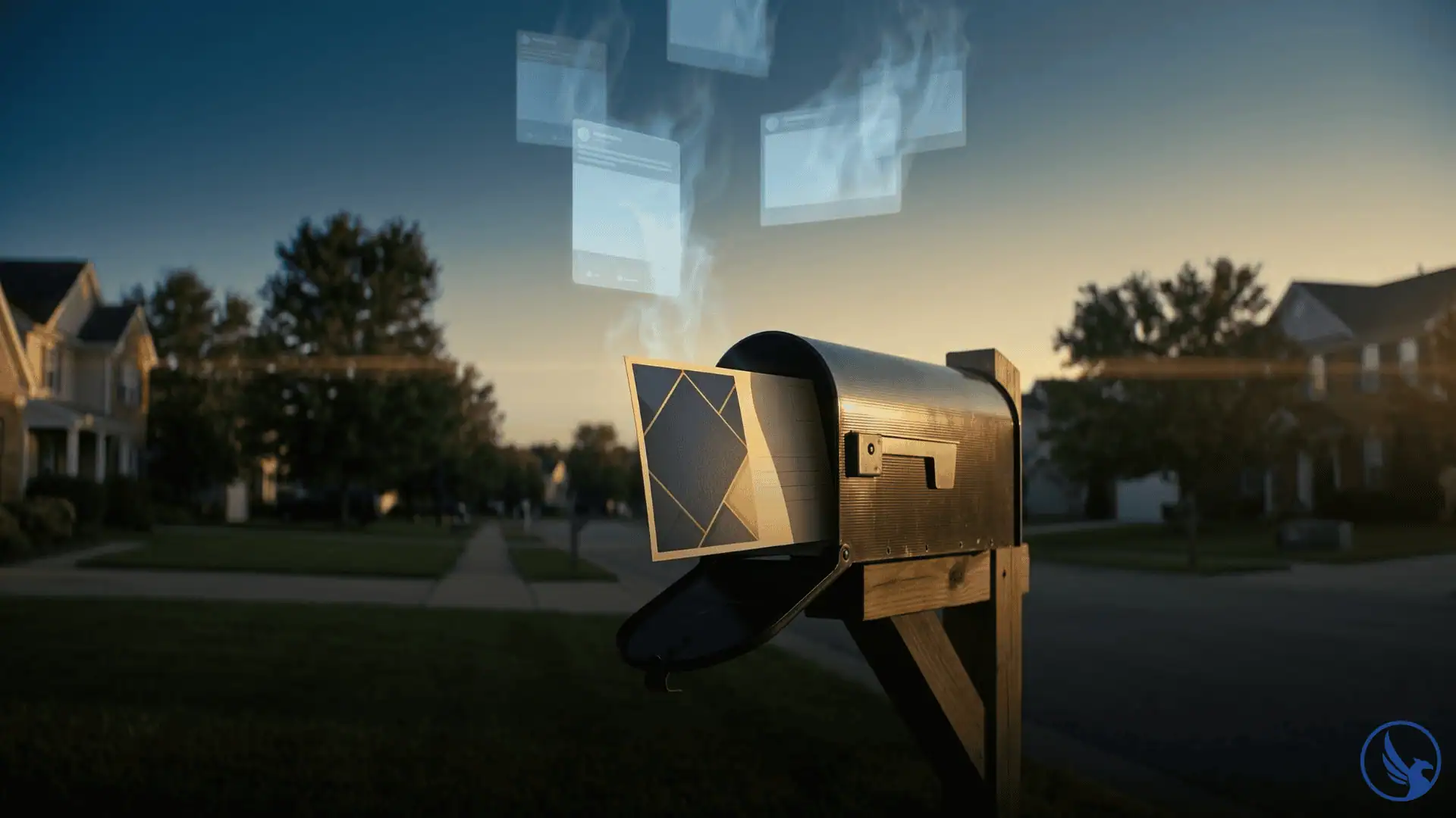 Cinematic scene of a physical direct mail postcard being pulled from a residential mailbox under golden hour light while ghostly transparent social media ad cards dissolve into the sky illustrating the permanence contrast in direct mail vs social media ads