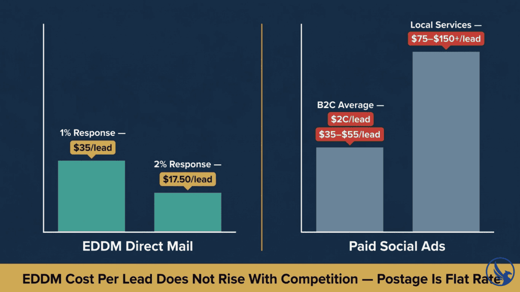 Infographic comparing direct mail vs social media ads cost per lead showing EDDM flat-rate economics versus rising paid social CPL for local service business campaigns