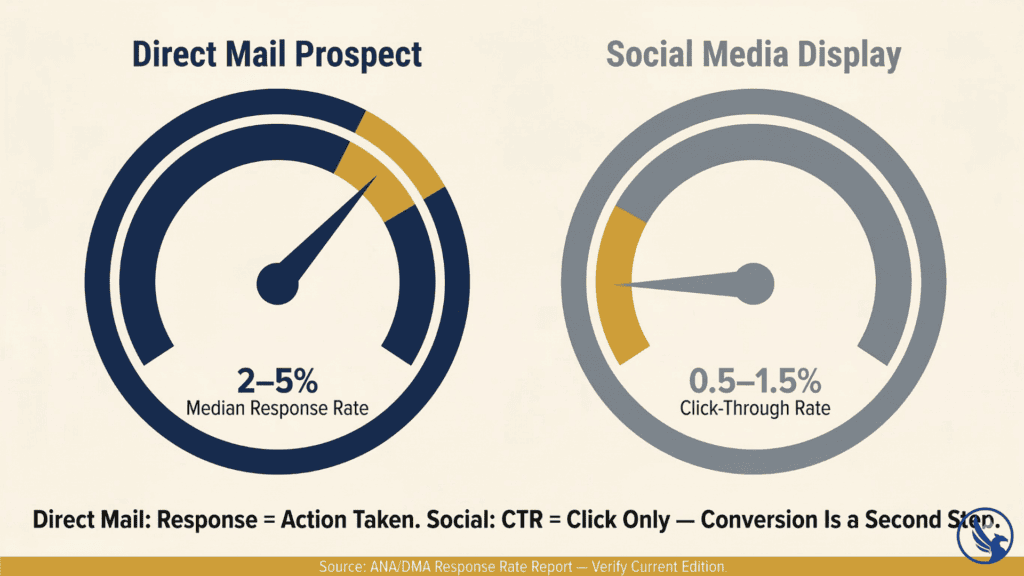 Infographic showing direct mail vs social media ads response rate comparison with gauge dials showing 2–5% direct mail prospect response versus 0.5–1.5% social media click-through rate