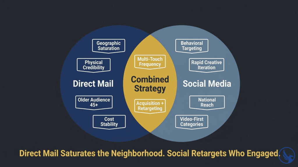 Infographic showing direct mail vs social media ads channel allocation strategy as a Venn diagram with unique use cases for each channel and a combined strategy overlap zone