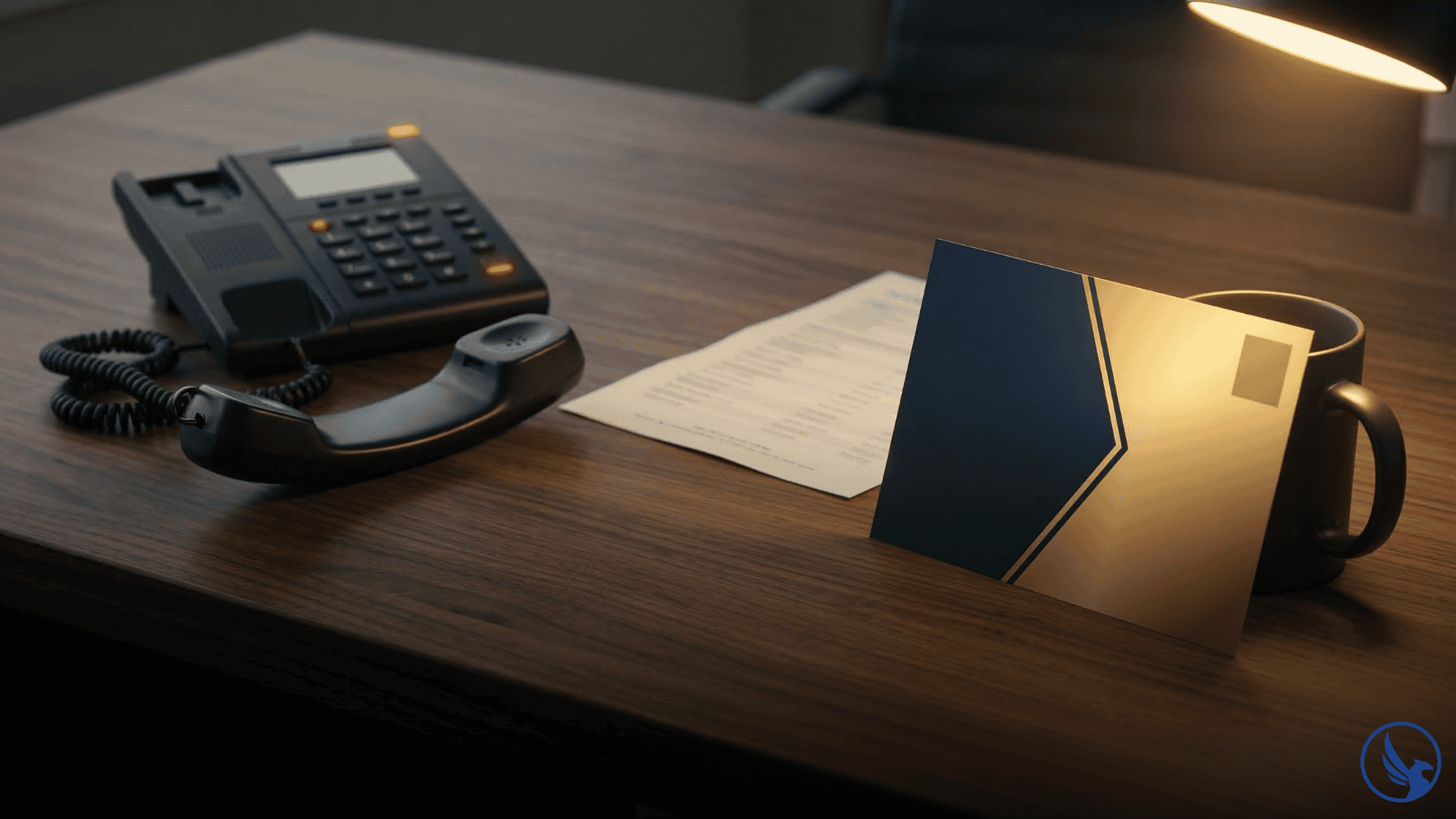 Office desk showing an abandoned phone handset in shadow beside a glowing direct mail postcard in warm light illustrating direct mail as an alternative to cold calling for local business prospecting