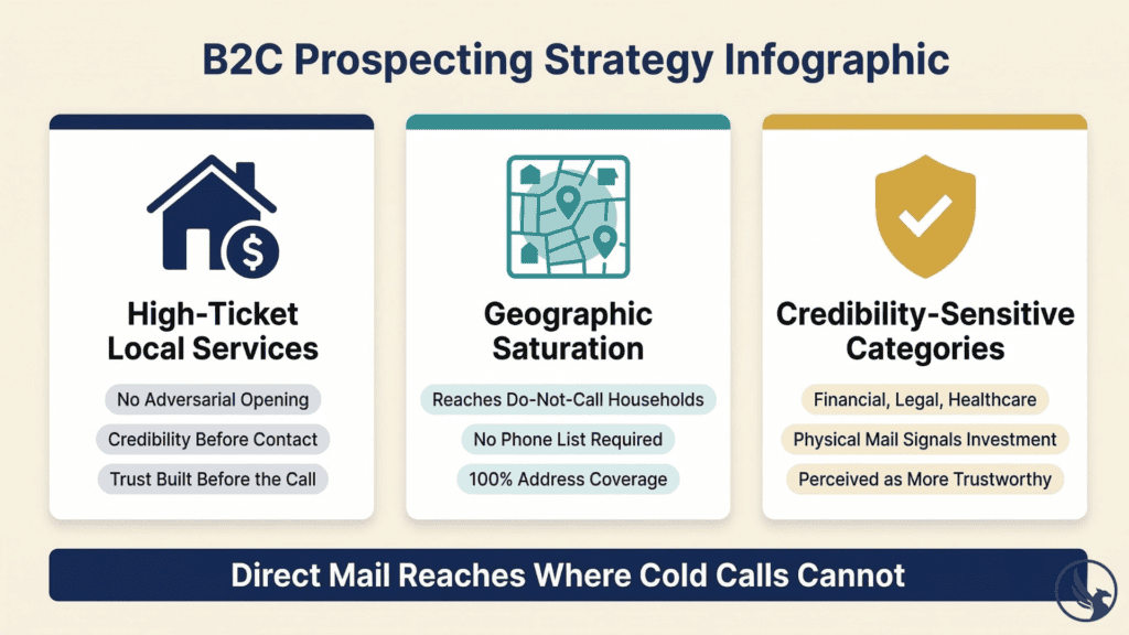 Infographic showing three categories where direct mail outperforms cold calling — high-ticket local services, geographic saturation, and credibility-sensitive industries — as an alternative prospecting strategy