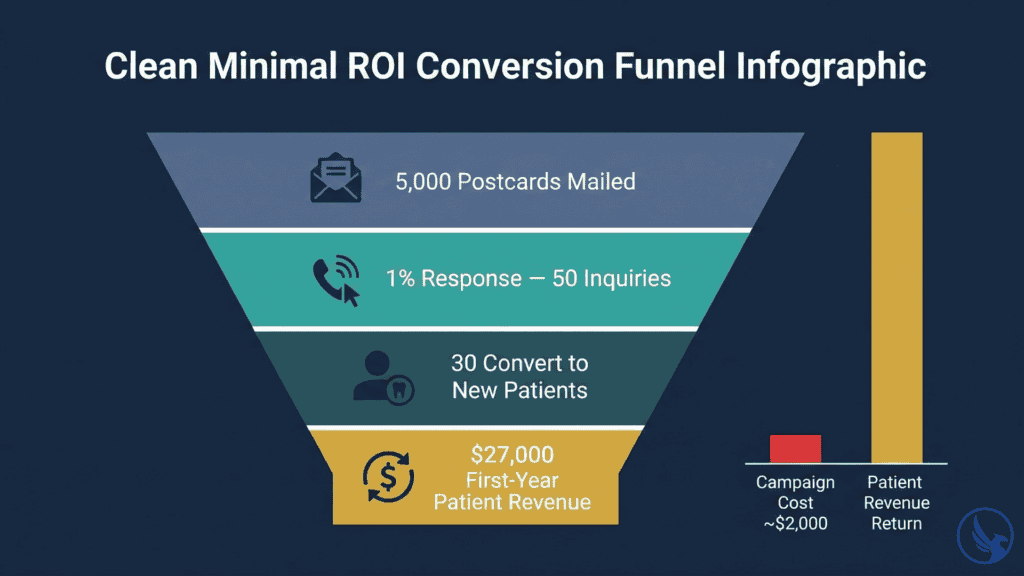 Infographic showing EDDM for dentists ROI conversion funnel from 5,000 postcards through patient inquiries, new patient conversions, and first-year revenue return