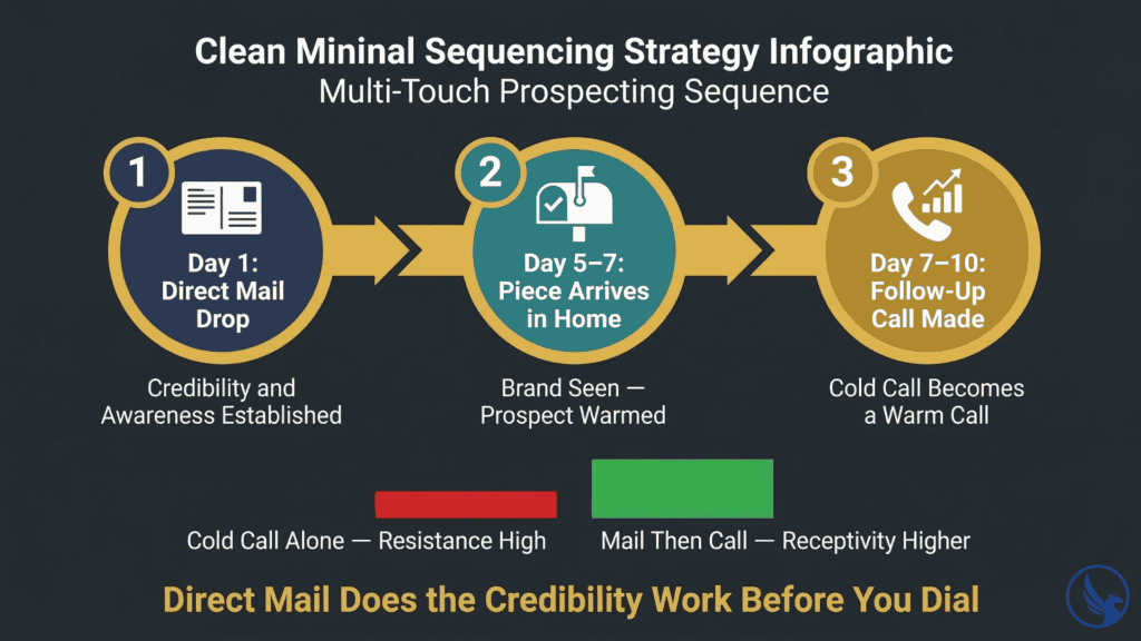 Infographic showing direct mail as alternative to cold calling three-stage sequencing strategy — mail drop on day one, piece arrives day five, warm follow-up call day seven to ten — with receptivity comparison