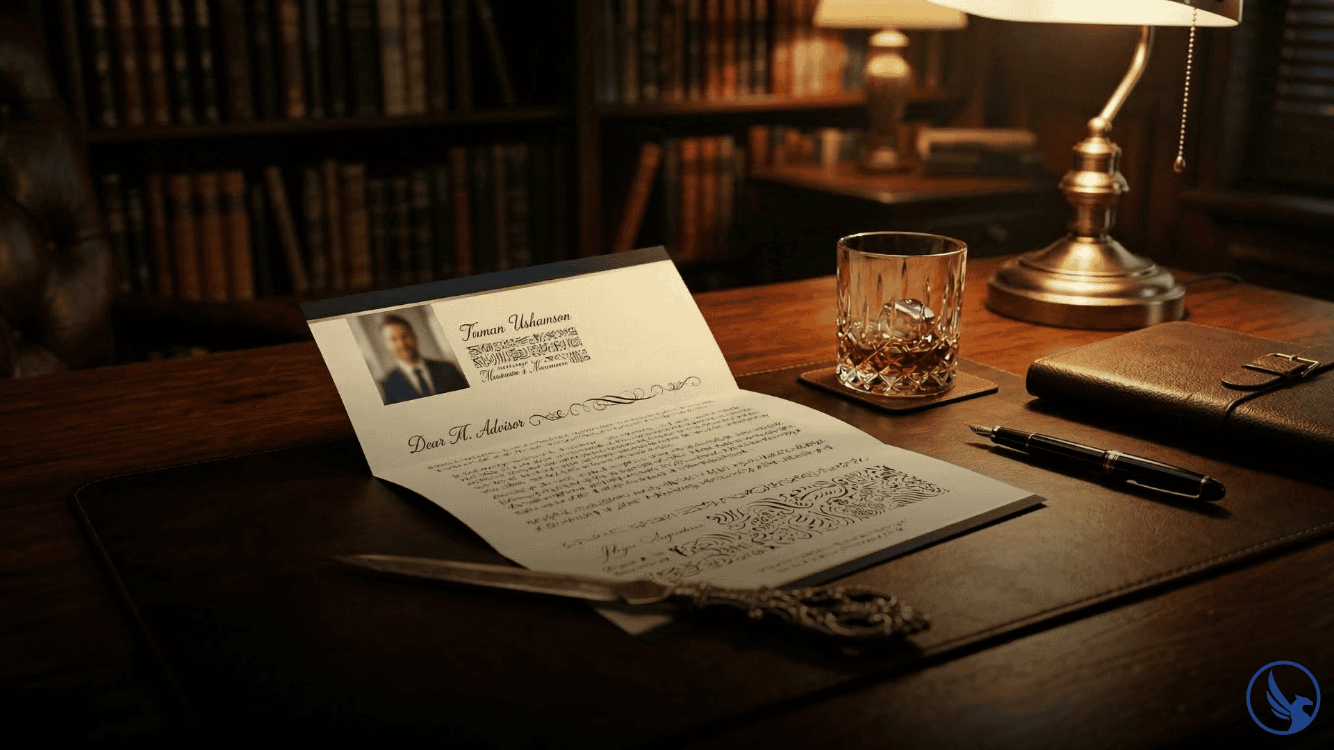 Premium direct mail letter for financial advisors open on a mahogany desk with a brass letter opener, crystal glass, and leather portfolio suggesting trust-building client acquisition through physical mail