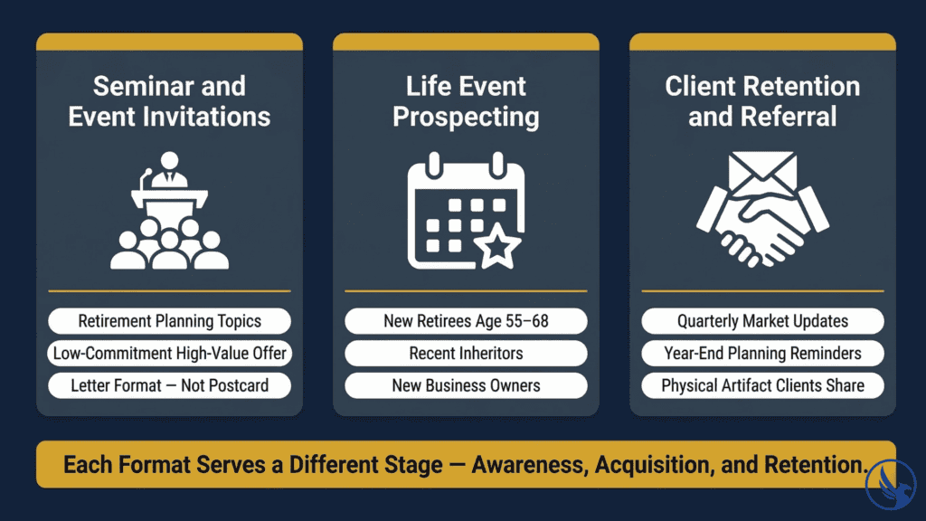 Infographic showing three direct mail for financial advisors campaign types — seminar invitations, life event prospecting postcards, and client retention mailers — with use cases for each format