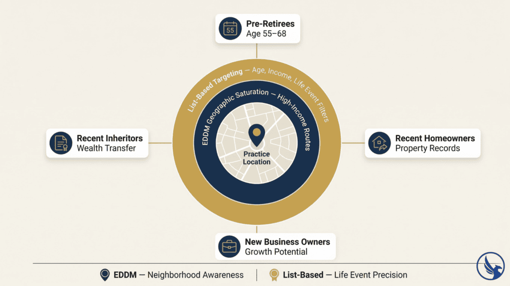 Infographic showing financial advisor direct mail targeting strategy with EDDM geographic saturation inner ring and list-based life event targeting outer ring including pre-retirees, new homeowners, business owners, and inheritors