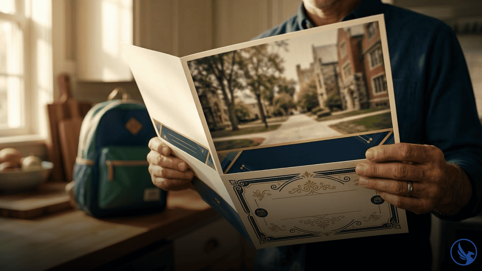Parent holding open a premium school enrollment direct mail piece in a domestic kitchen setting with a child's backpack visible suggesting a family evaluating a private school open house invitation
