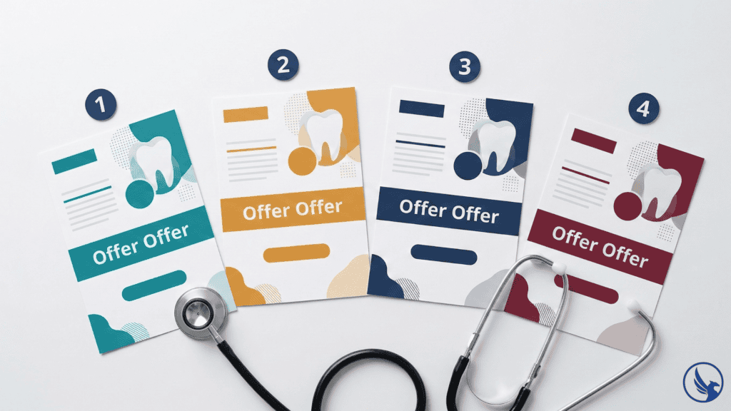 Four seasonal EDDM for dentists campaign postcards arranged in sequence showing a four-drop annual patient acquisition direct mail strategy with numbered cadence markers
