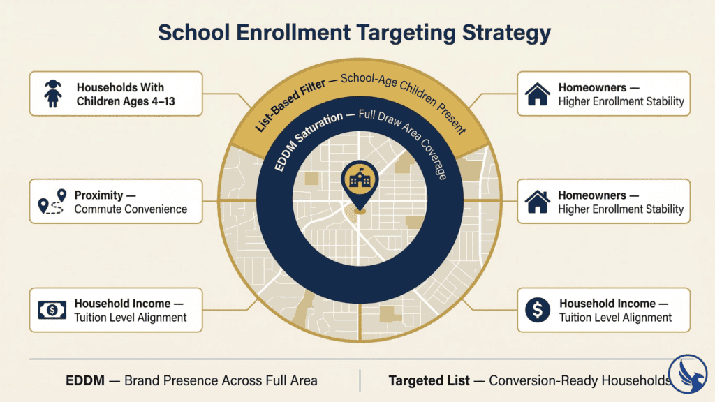 Infographic showing direct mail for schools targeting strategy with EDDM geographic saturation inner ring and list-based demographic filters for school-age children, homeowners, income, and proximity