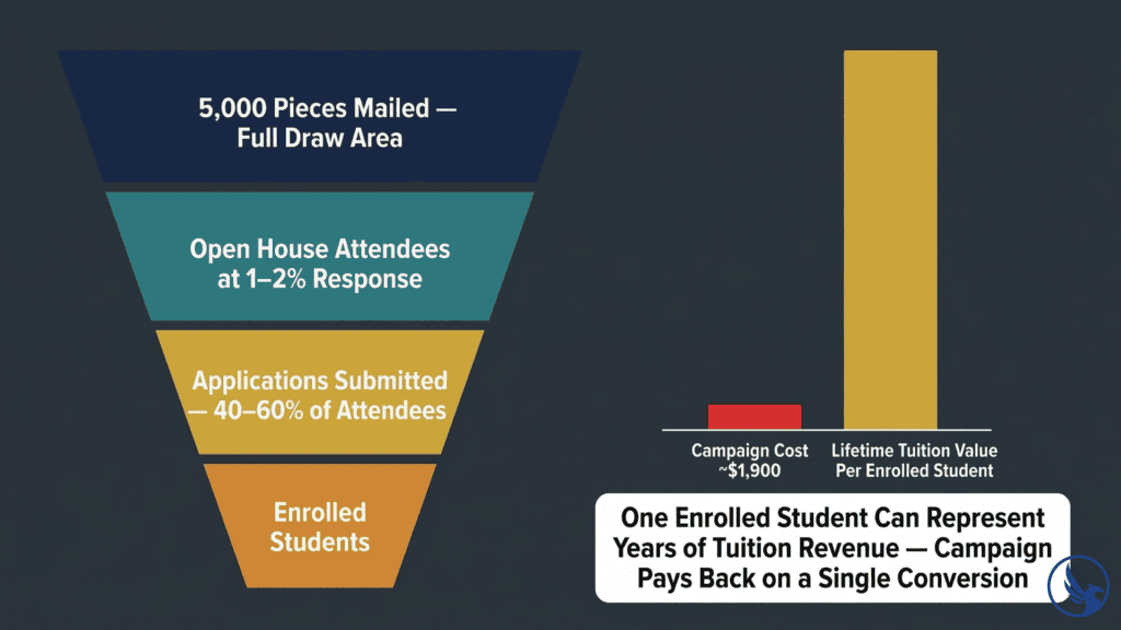 Infographic showing direct mail for schools enrollment ROI funnel from 5,000 pieces mailed through open house attendance, applications, and enrollment with a dramatic comparison of campaign cost versus lifetime tuition value per student
