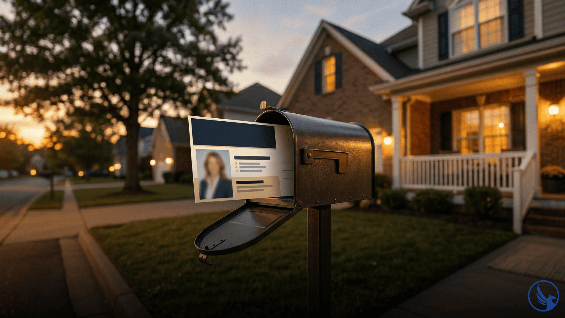 Direct mail for insurance agents postcard being pulled from a residential mailbox at golden hour with a warmly lit home in the background suggesting life event trigger outreach to new homeowners
