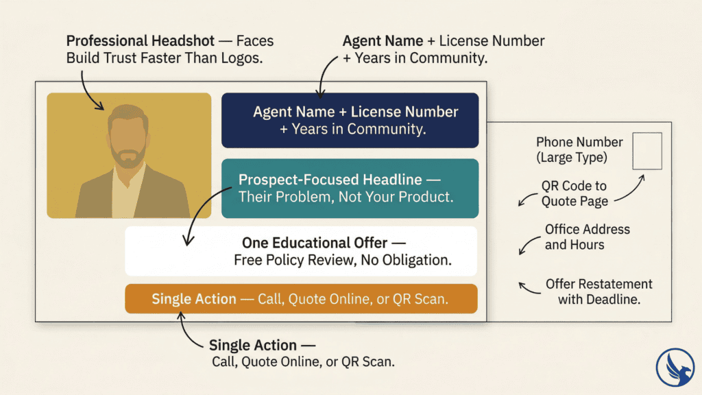 Infographic showing insurance agent direct mail postcard design with five front panel zones — headshot, credentials, prospect headline, educational offer, and single CTA — plus back panel layout requirements