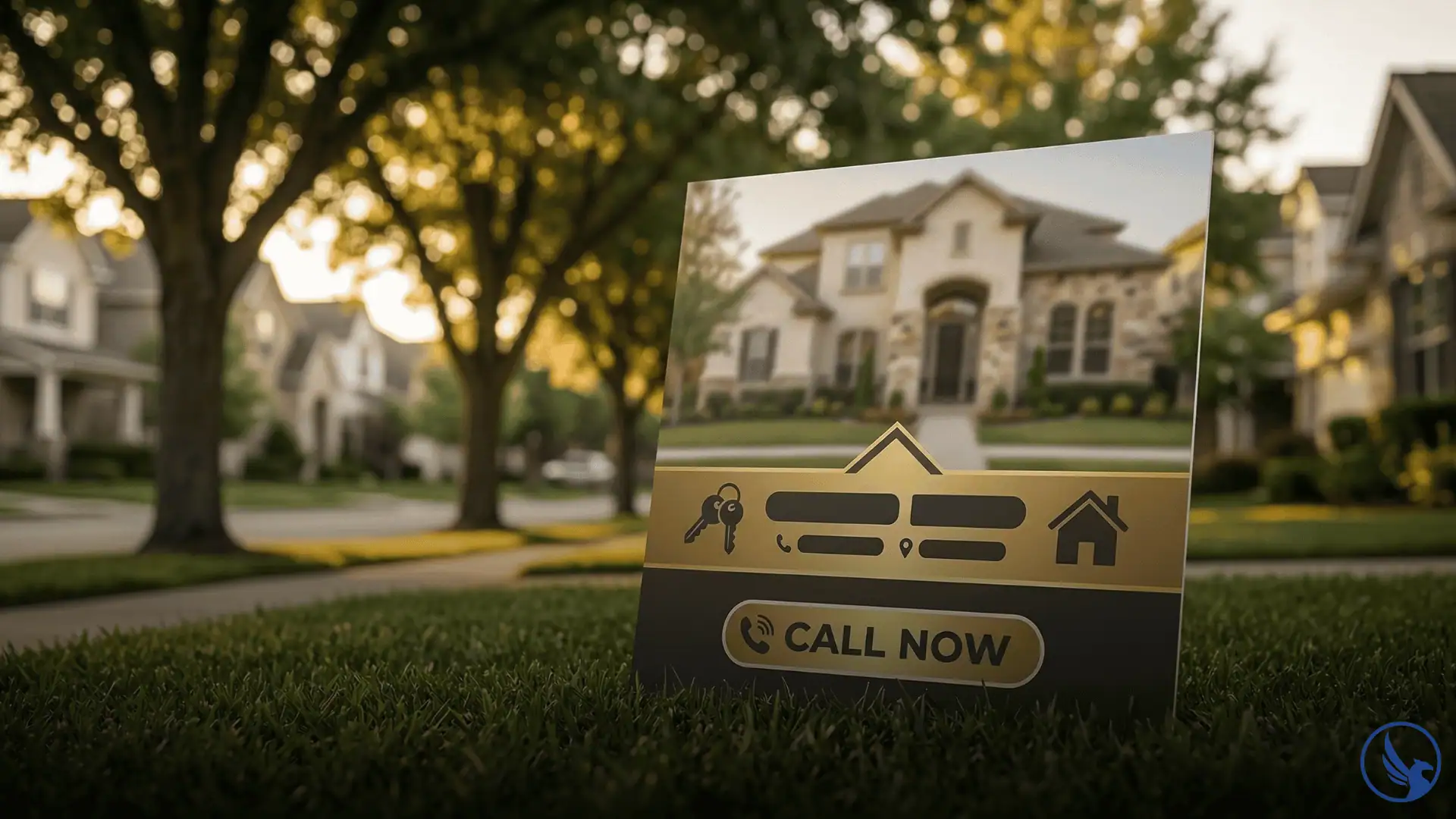 EDDM for real estate postcard propped on a front lawn with a golden hour residential neighborhood street scene in the background suggesting geographic farming and local agent brand building