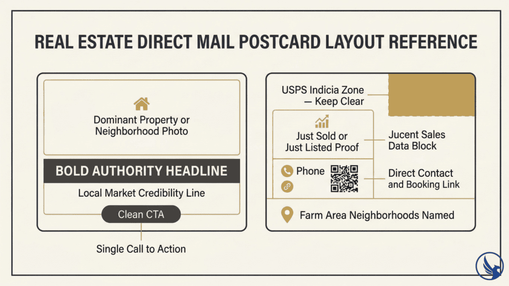 Infographic showing EDDM for real estate postcard front and back panel layout zones including property photo placement, just sold proof, indicia compliance, and agent contact elements