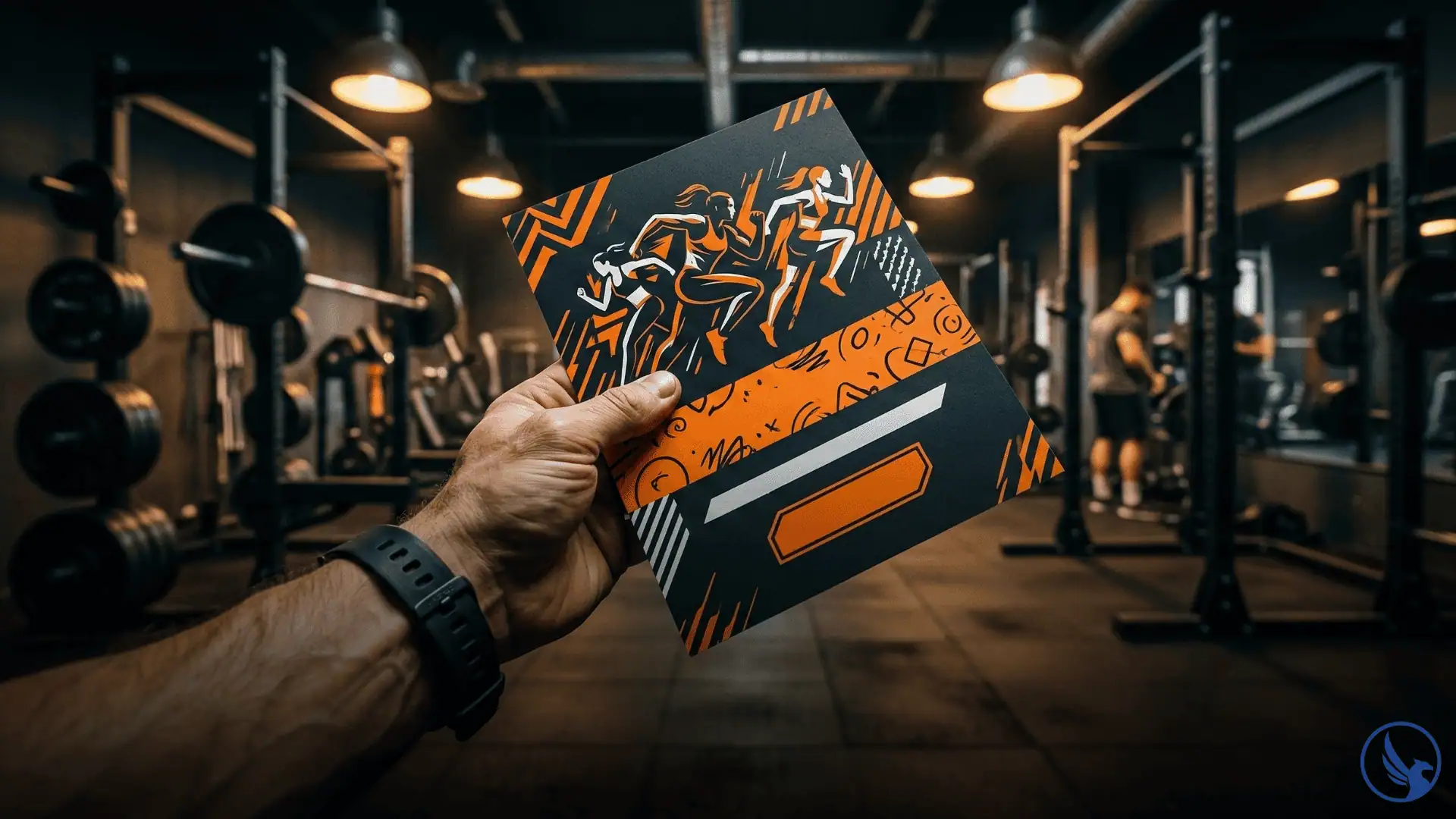 Athletic hand holding an EDDM for gyms membership postcard in front of a softly blurred modern gym interior suggesting high-energy local fitness direct mail campaign