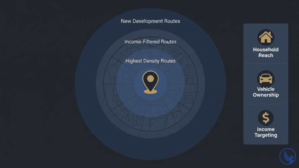 Infographic showing EDDM for auto dealers geographic targeting strategy with primary market area route selection zones and demographic filters
