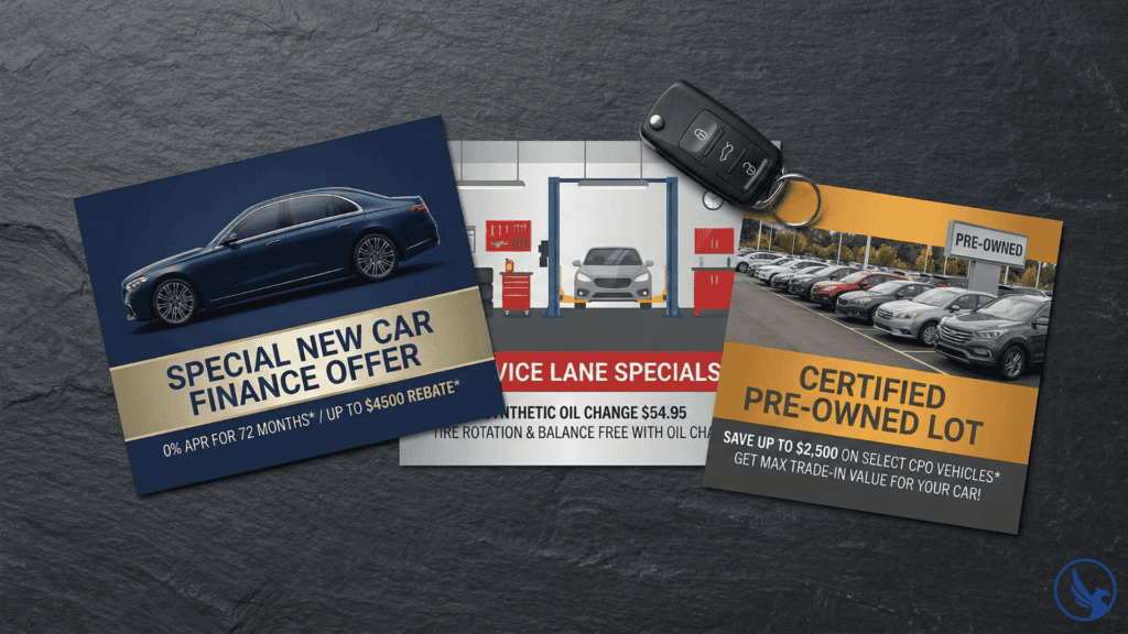 Three EDDM for auto dealers postcard designs for new vehicle sales, service lane promotions, and used vehicle campaigns displayed as printed direct mail pieces