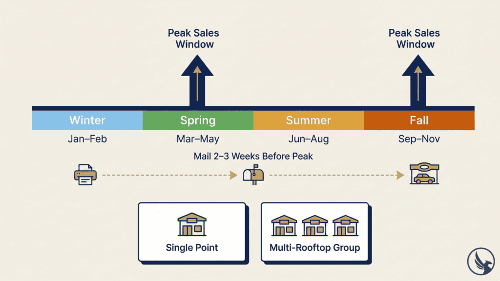 Infographic showing EDDM for auto dealers seasonal timing windows and campaign scaling options from single-point dealership to multi-rooftop dealer group