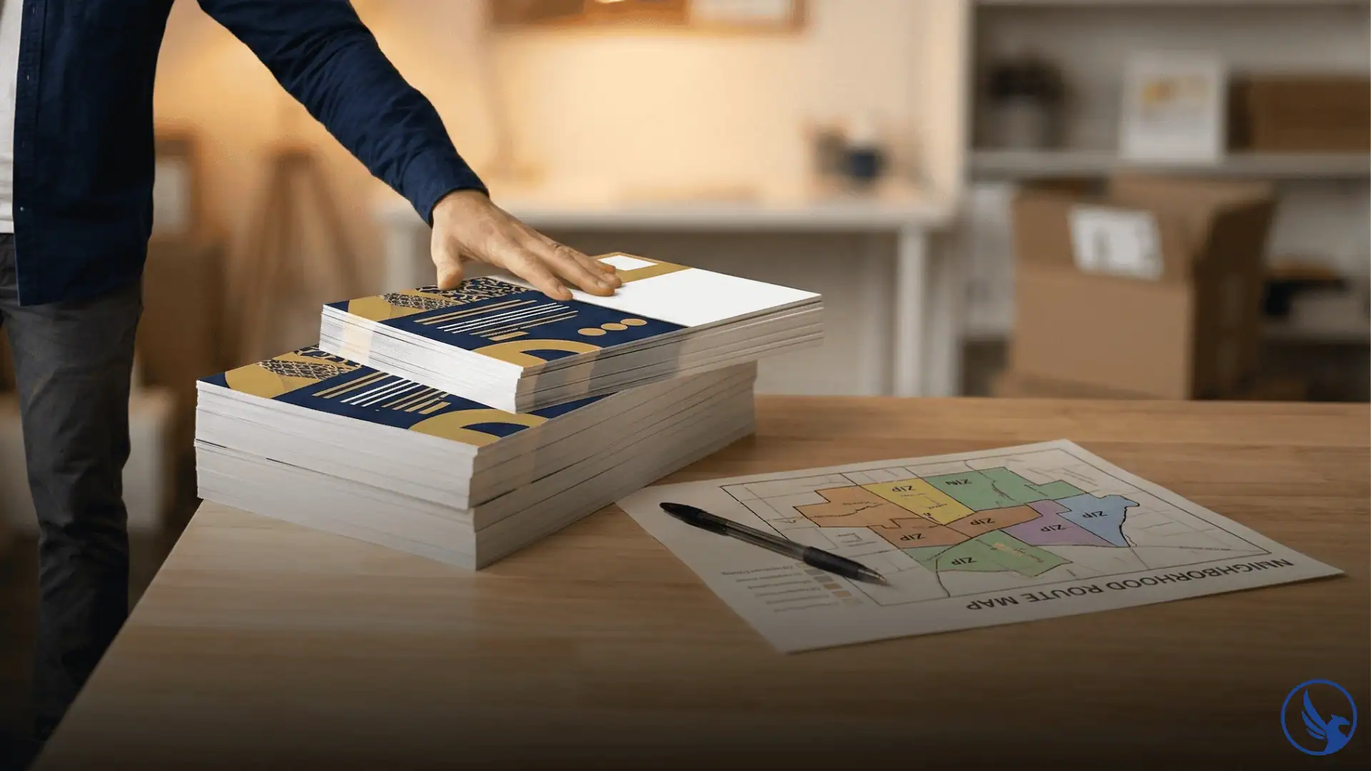 Small business owner with a printed stack of EDDM postcards and a neighborhood route map preparing to launch their first EDDM campaign