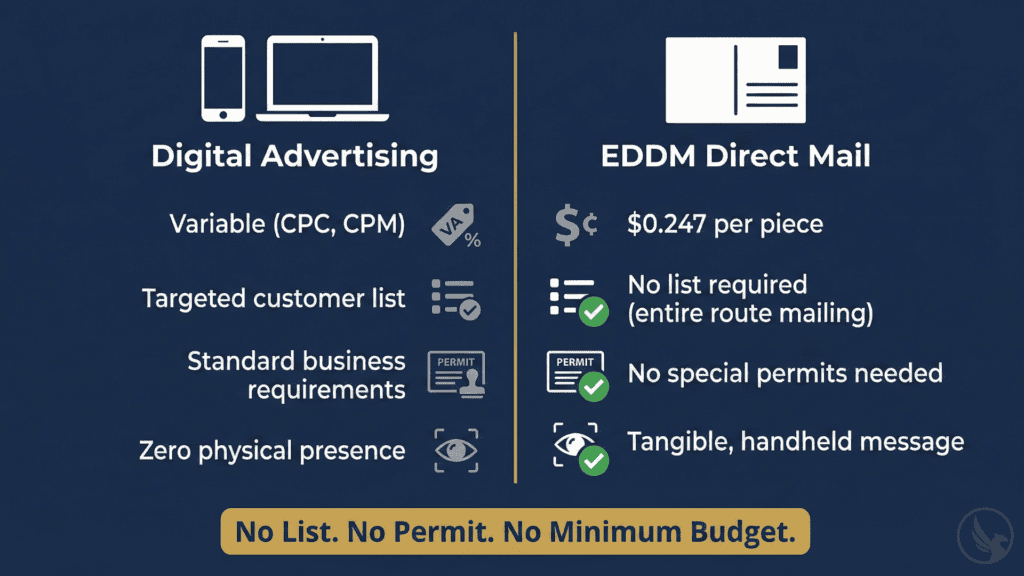 Infographic comparing EDDM first campaign advantages versus digital advertising across cost per household, list requirements, permit needs, and physical impression