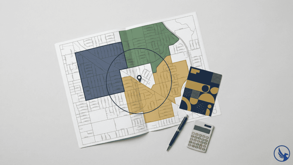 Overhead flat-lay of a neighborhood route map with highlighted carrier route zones showing EDDM first campaign route selection process