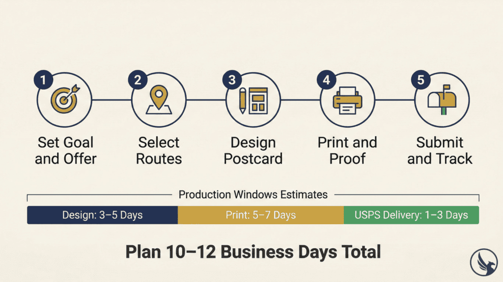 Infographic showing the five steps of an EDDM first campaign from goal setting through route selection, design, printing, and USPS submission with production timeline
