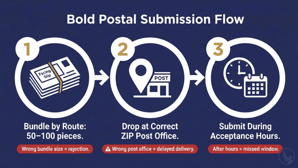 Infographic showing three EDDM postal submission steps and common logistics mistakes to avoid including wrong post office drop-off and incorrect bundle size
