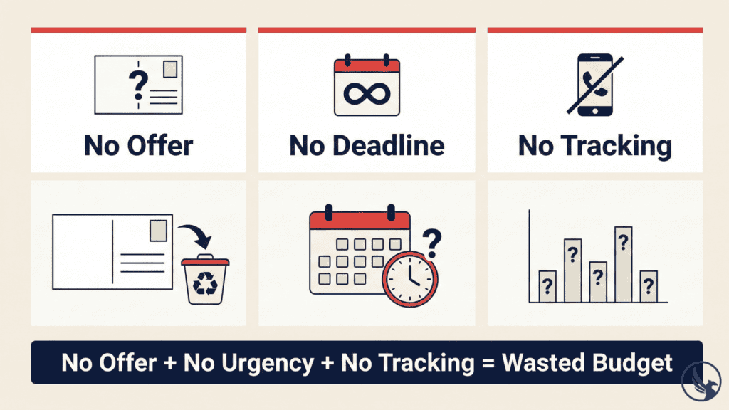 Infographic showing three critical EDDM strategic mistakes to avoid — no offer, no deadline urgency, and no response tracking — and their impact on campaign results