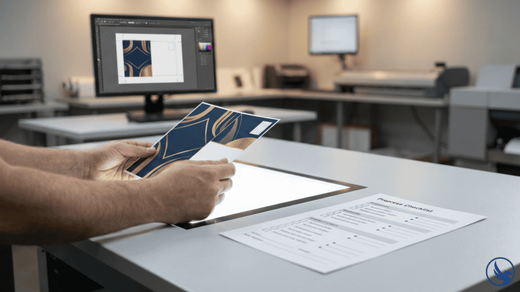 Print technician reviewing an EDDM postcard against a light table during prepress file verification to avoid common EDDM production and compliance mistakes