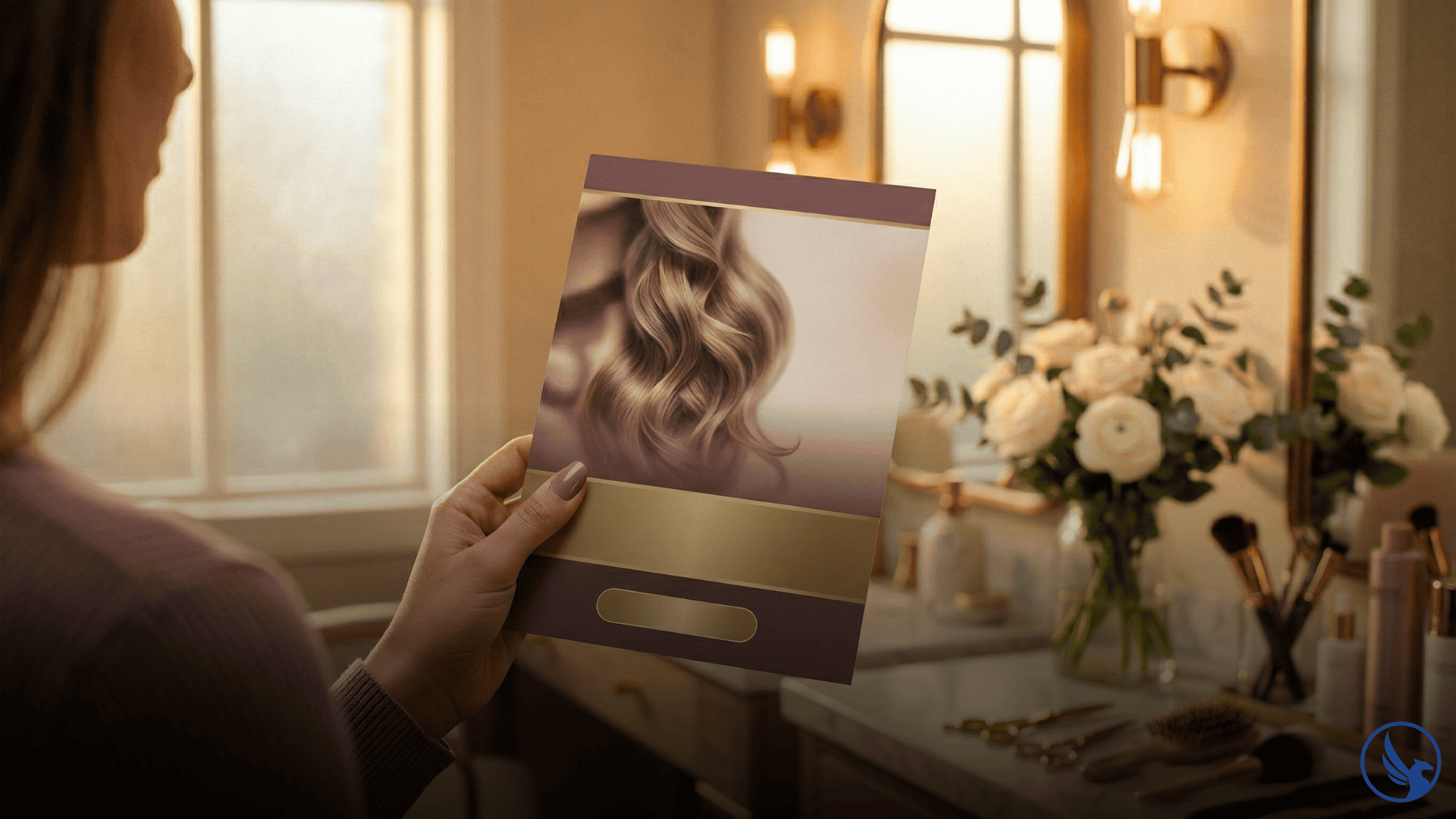 Elegant hand holding an EDDM for salons postcard in front of a softly blurred luxury salon interior suggesting a premium beauty and wellness direct mail invitation