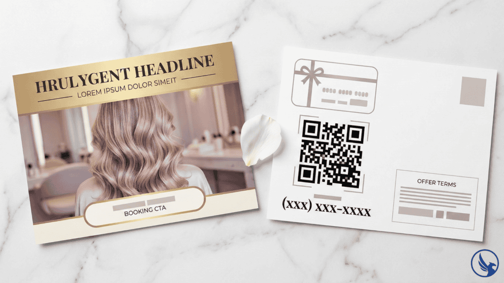 Flat-lay of salon EDDM postcard front and back panels showing premium design layout with booking QR code and gift card promotion on a marble surface with floral styling