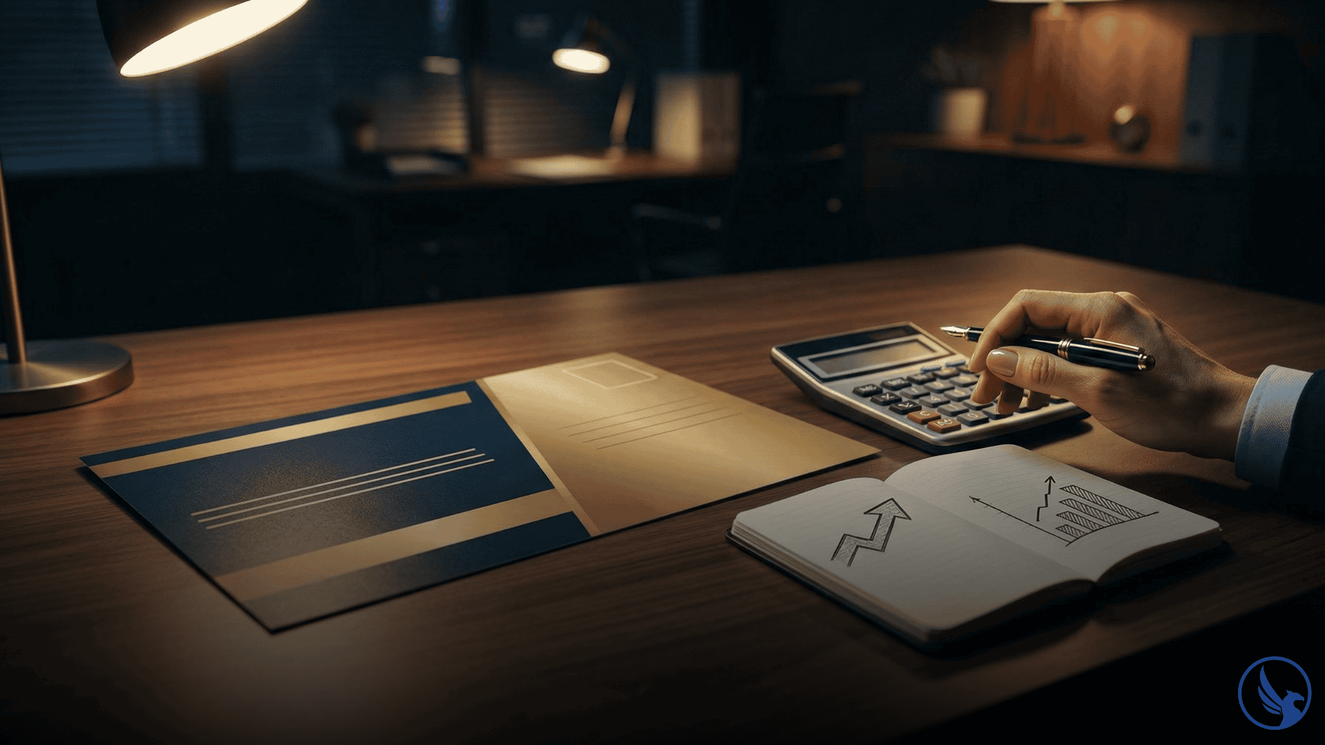 Business owner calculating EDDM ROI with a printed postcard, calculator, and notebook showing campaign math on a professional desk suggesting data-driven direct mail planning