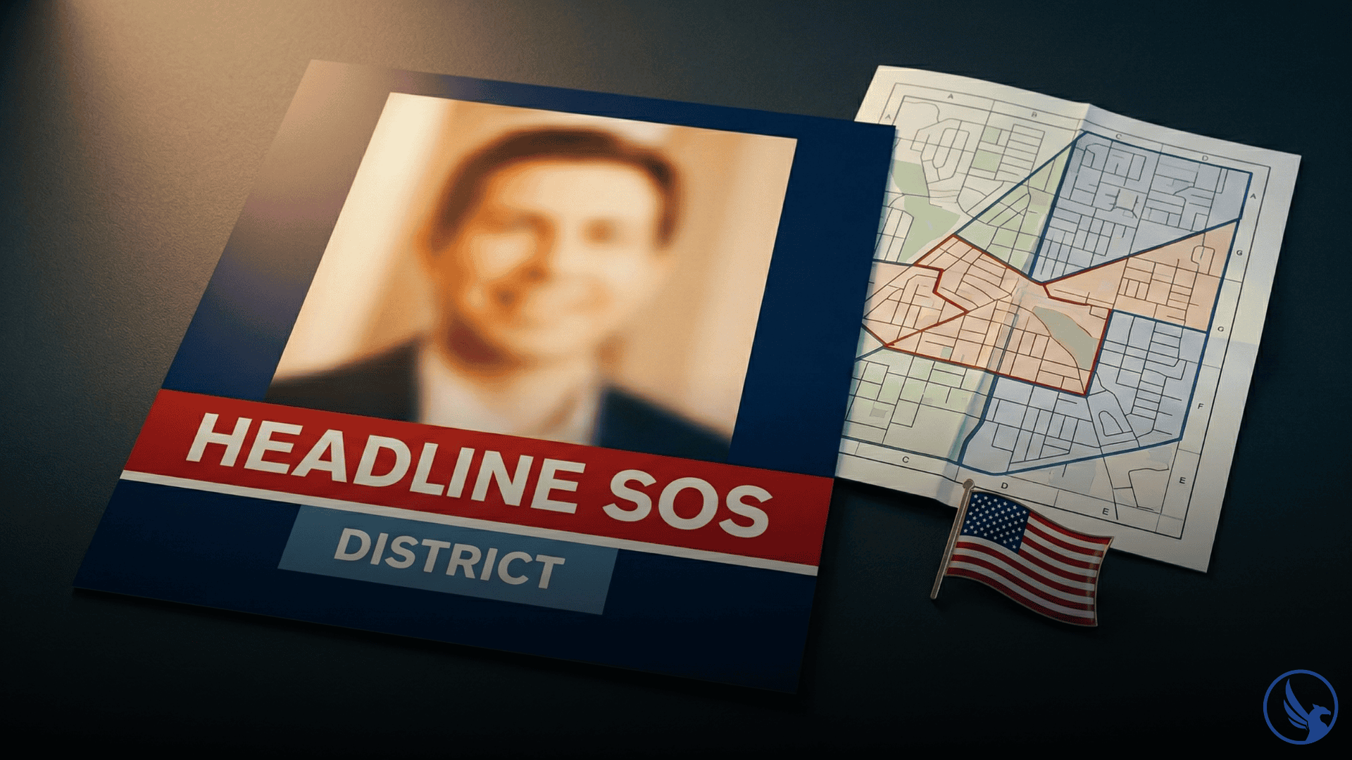Cinematic flat-lay of an EDDM political campaign postcard beside a precinct route map and campaign pin suggesting direct mail voter outreach planning