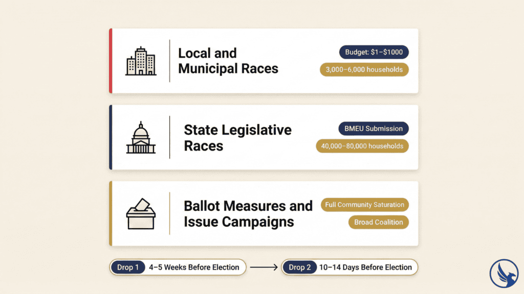 Infographic comparing traditional voter file direct mail versus EDDM political campaigns saturation model across list requirements, coverage, and cost per household